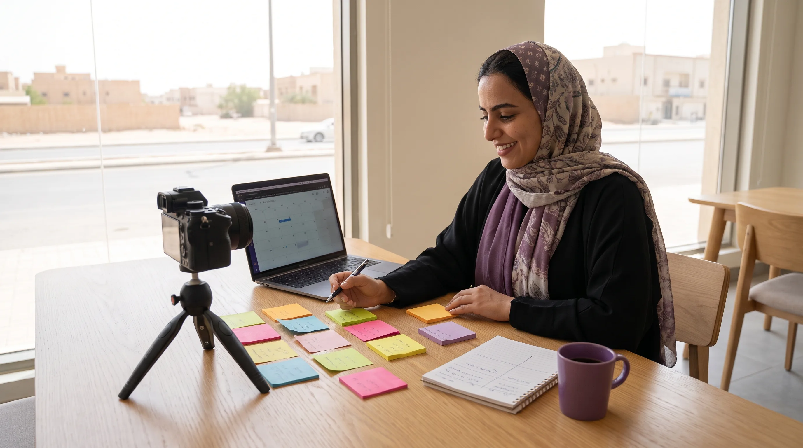 A person plans a course curriculum with sticky notes and an outline, with a simple camera and laptop nearby.