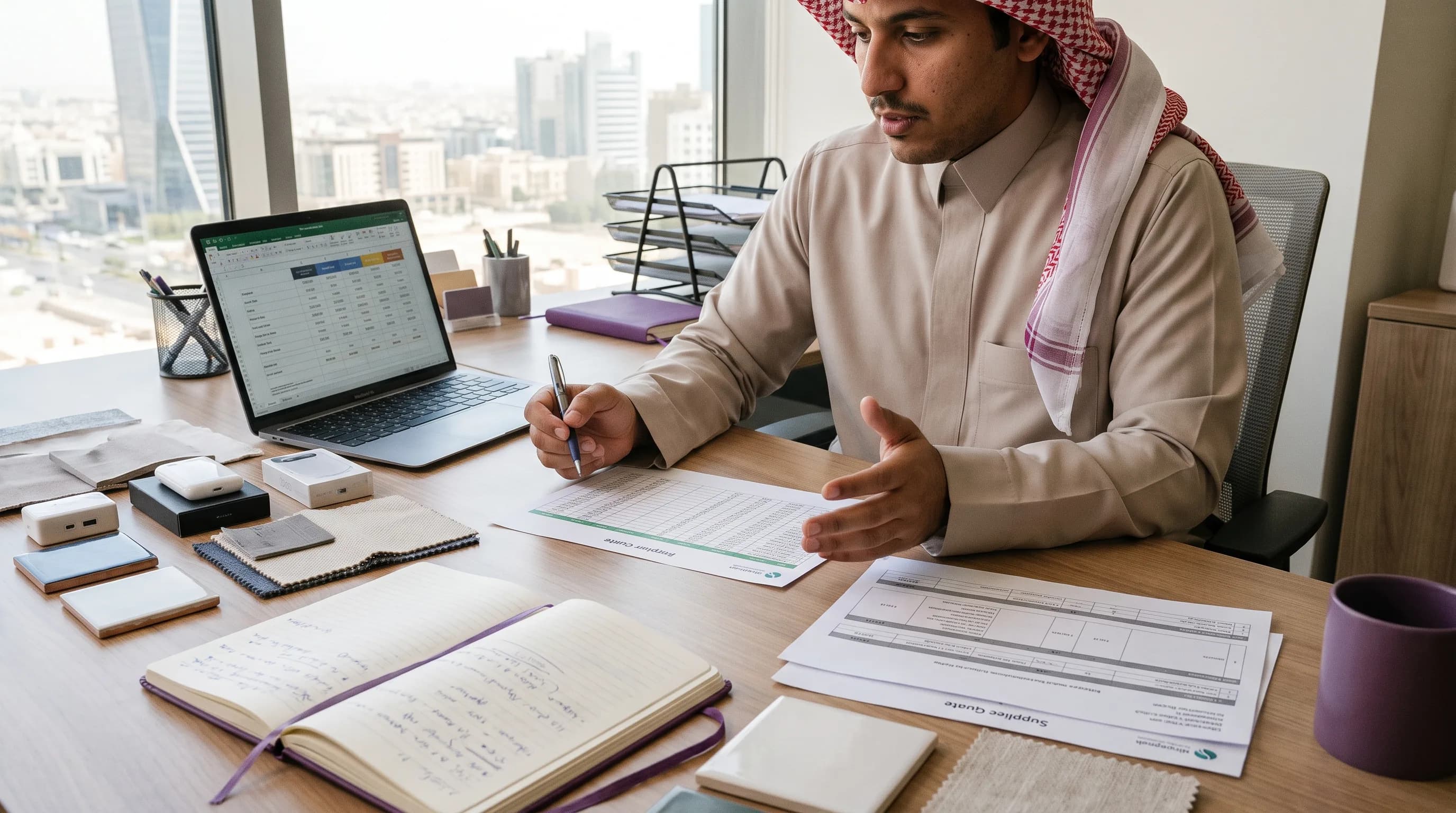 A researcher builds a supplier comparison sheet, with product samples and printed quotes spread across a desk.
