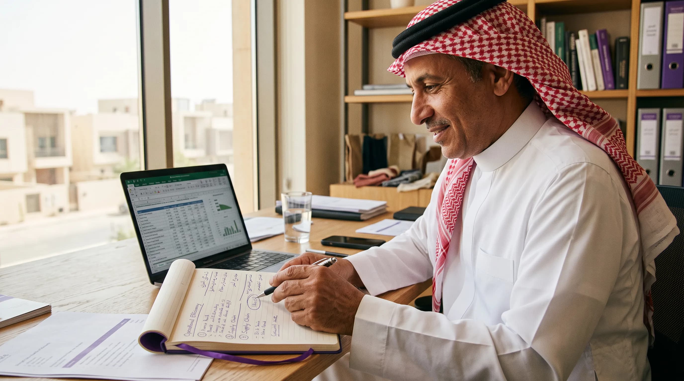 A small business owner reviews operations at their workspace, with notes and a spreadsheet showing areas circled for attention.