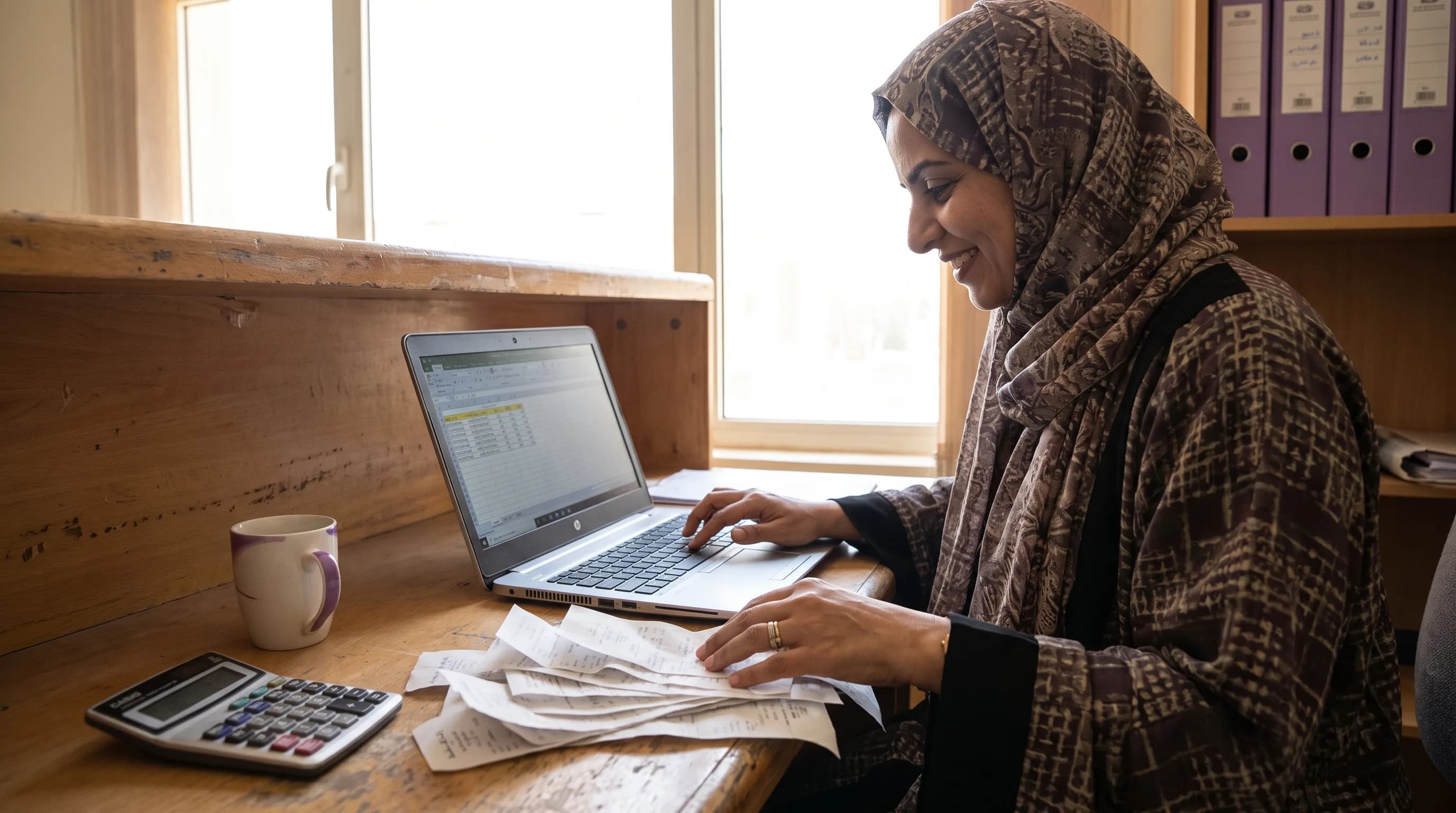 A small business owner organizes receipts and a simple spreadsheet at a real counter, with a calculator nearby.
