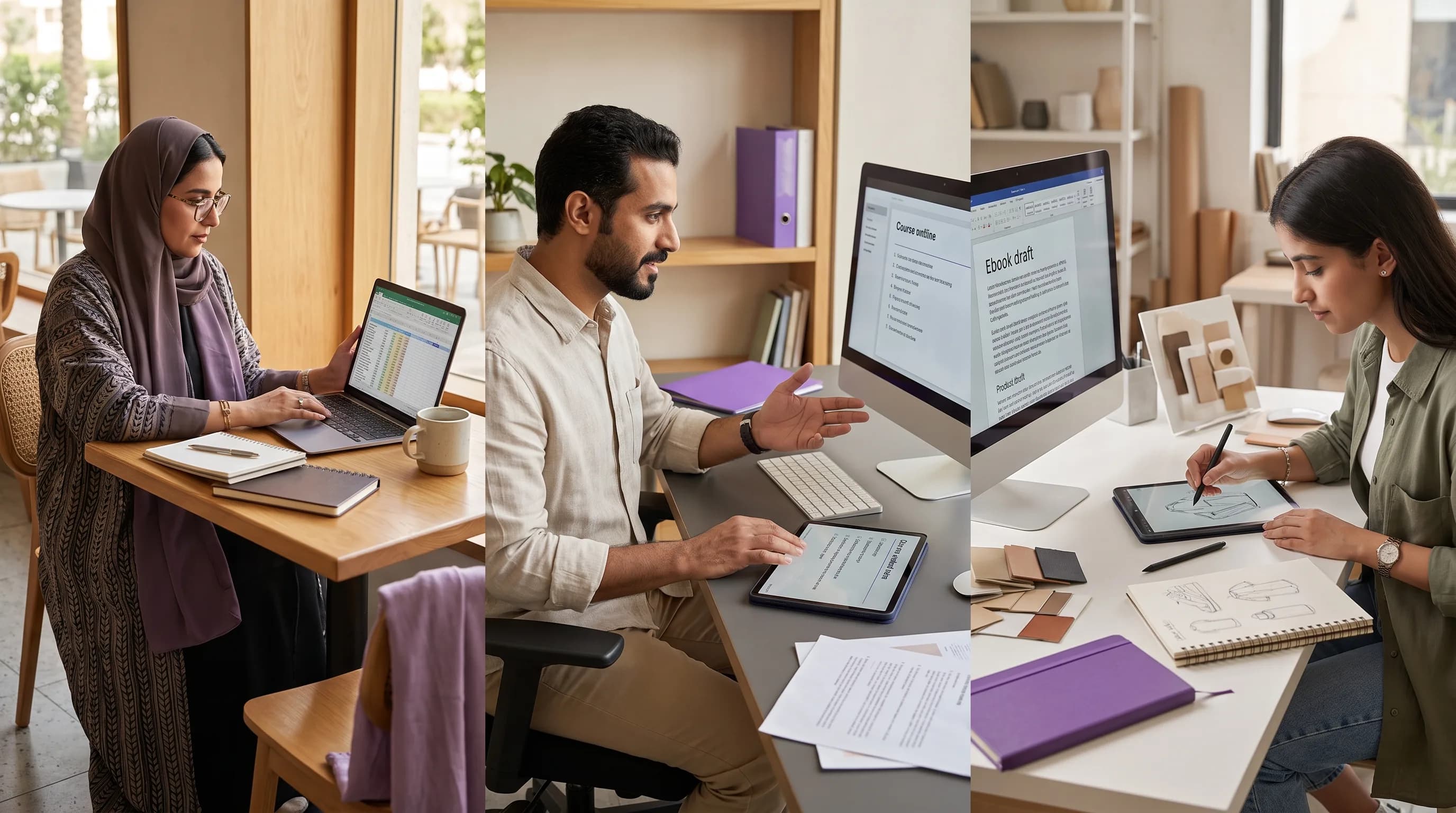 Several people in different workspaces creating a spreadsheet, a course, an ebook, a template and a database.