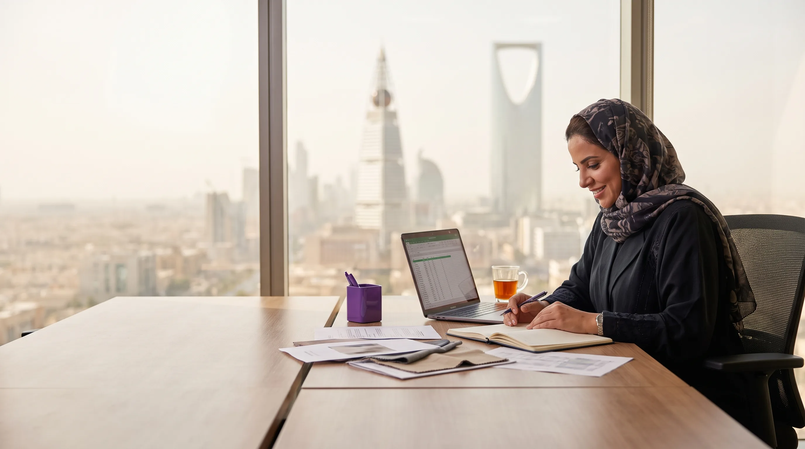 A founder plans at a desk with the Riyadh skyline softly visible in the background.