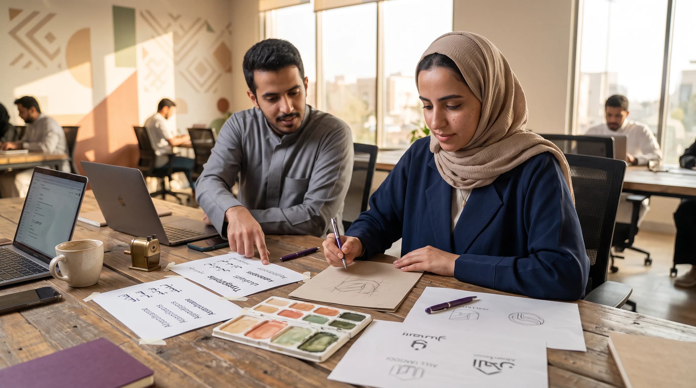 A founder arranges typography samples, a color palette, and a rough logo sketch while making early brand decisions.
