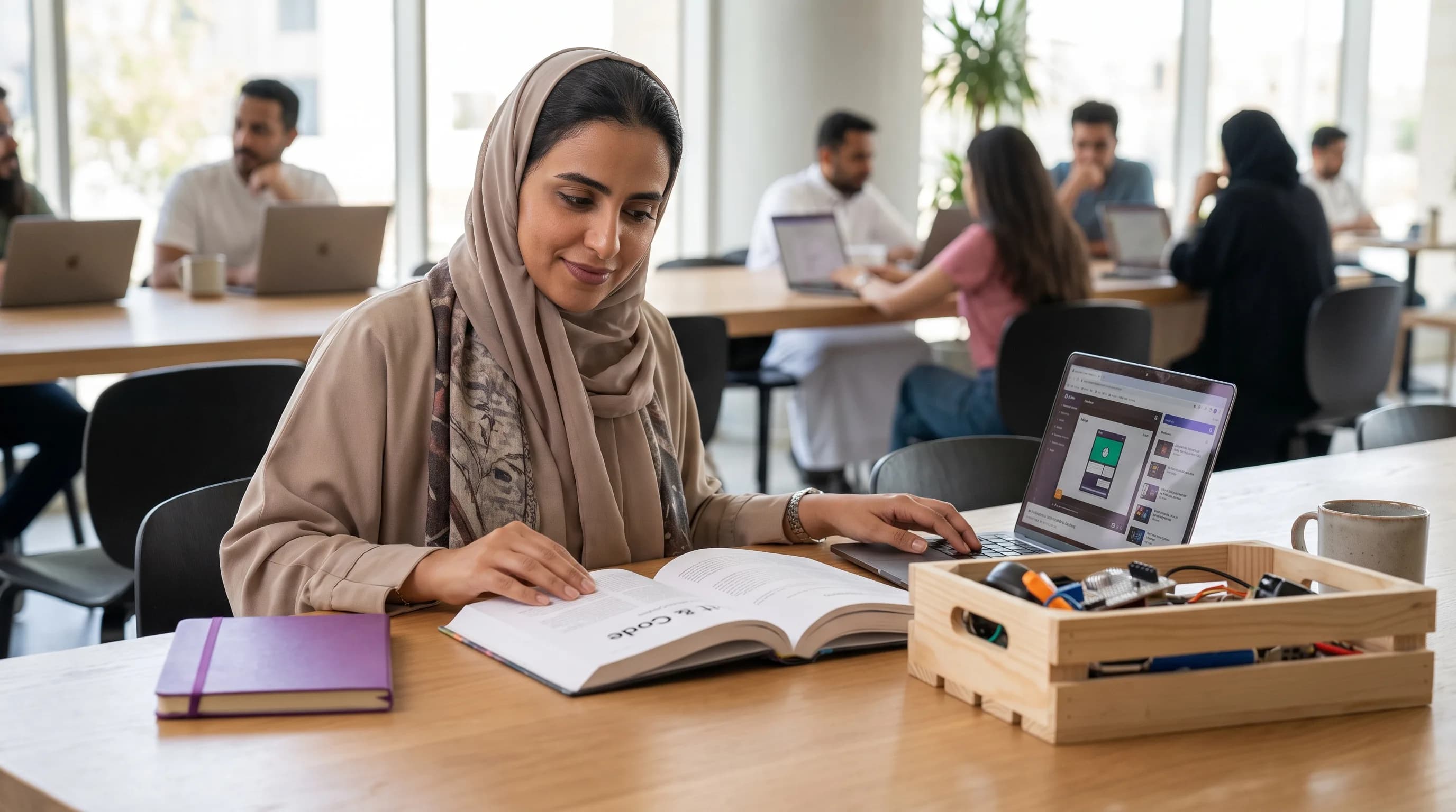 A person considers three learning options together: a book, an online course, and hands-on practice materials.