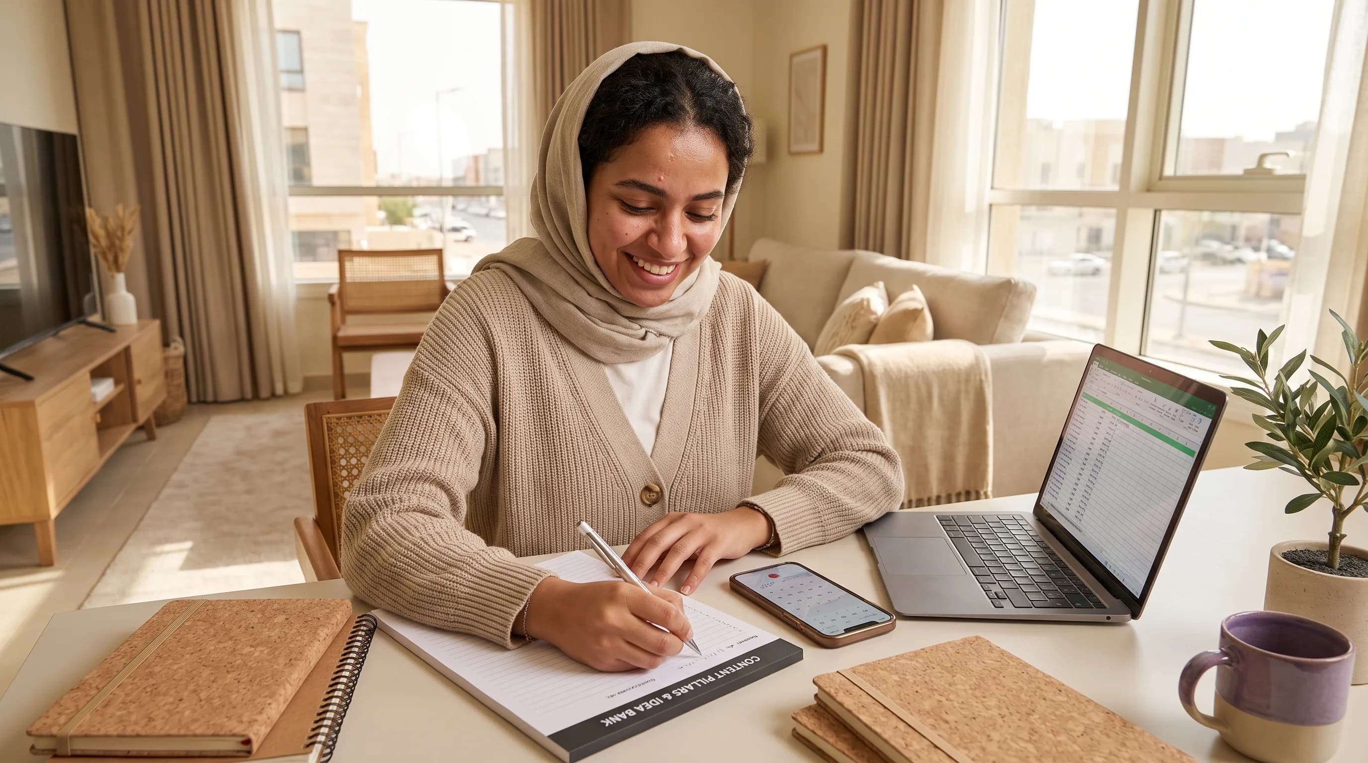 A person plans content pillars and an idea bank on paper next to a phone and laptop.