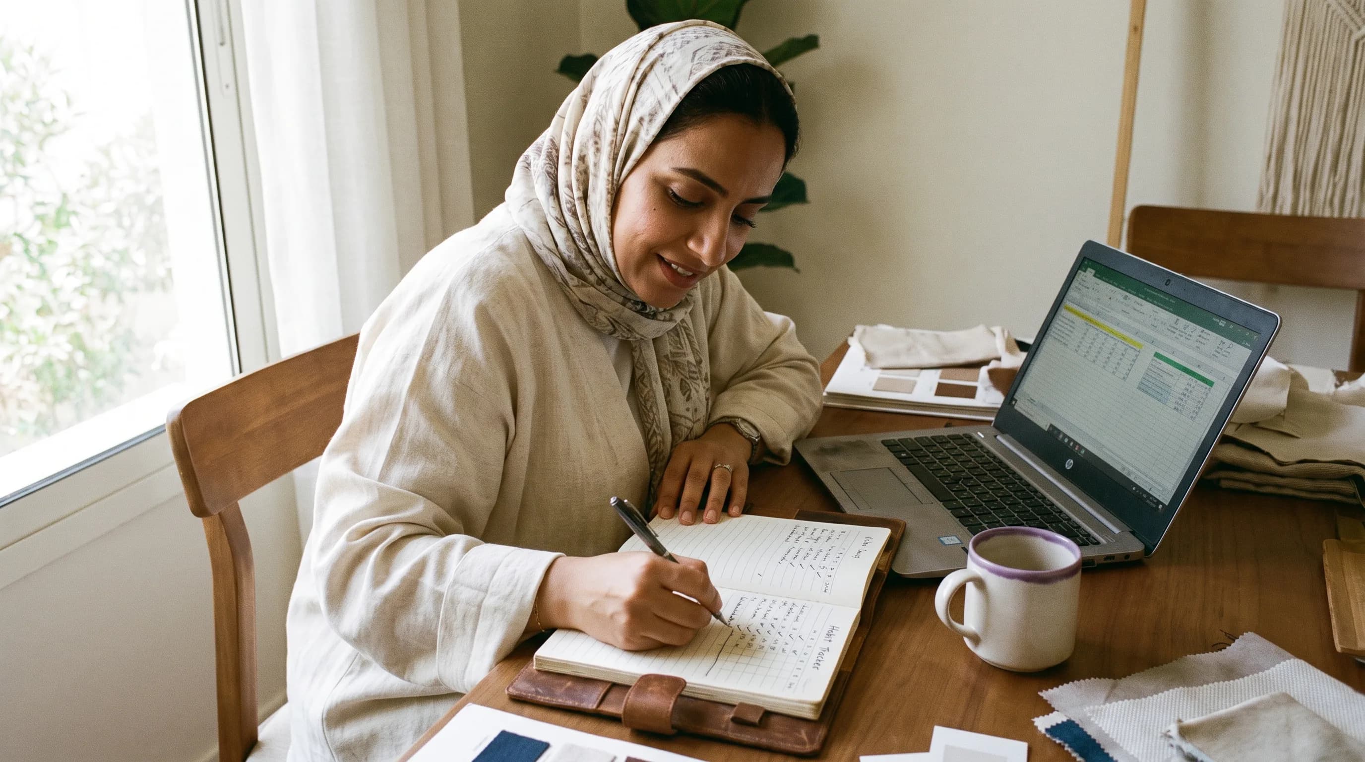 A person does a small routine task with a simple habit tracker visible on a notebook page.