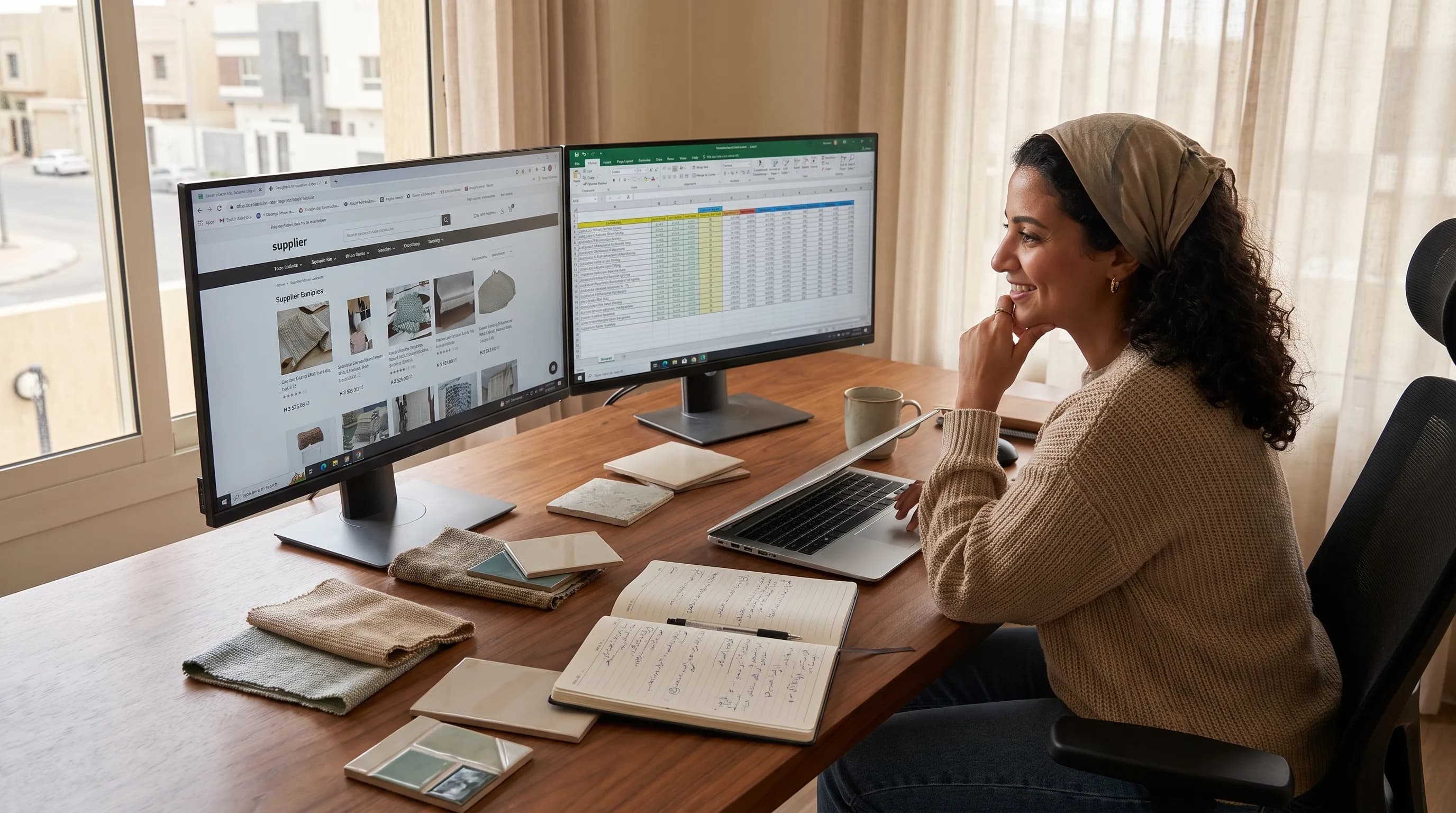A researcher reviewing supplier information and a structured database across two screens, with product samples nearby.