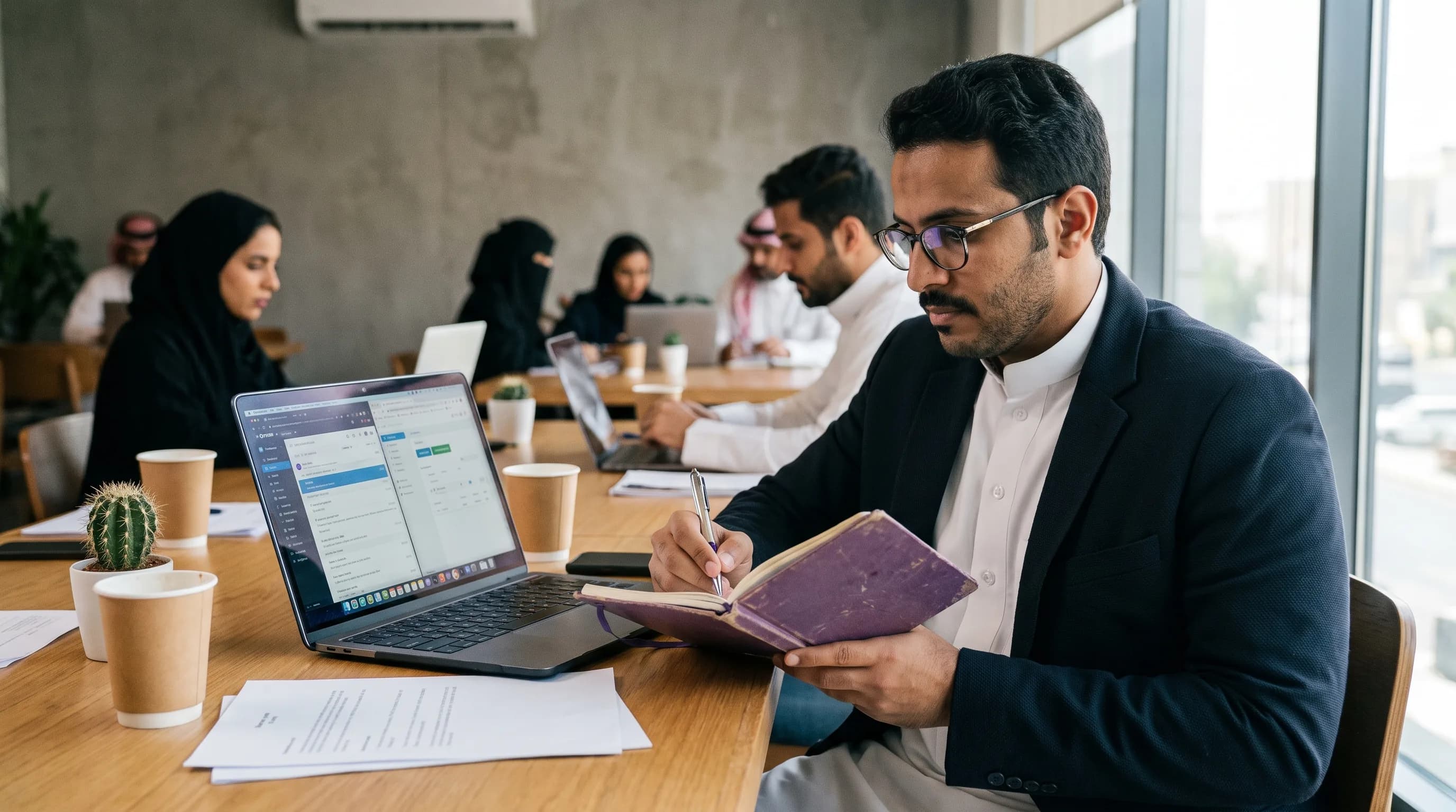 A person compares two software tools side by side on a laptop, taking notes.