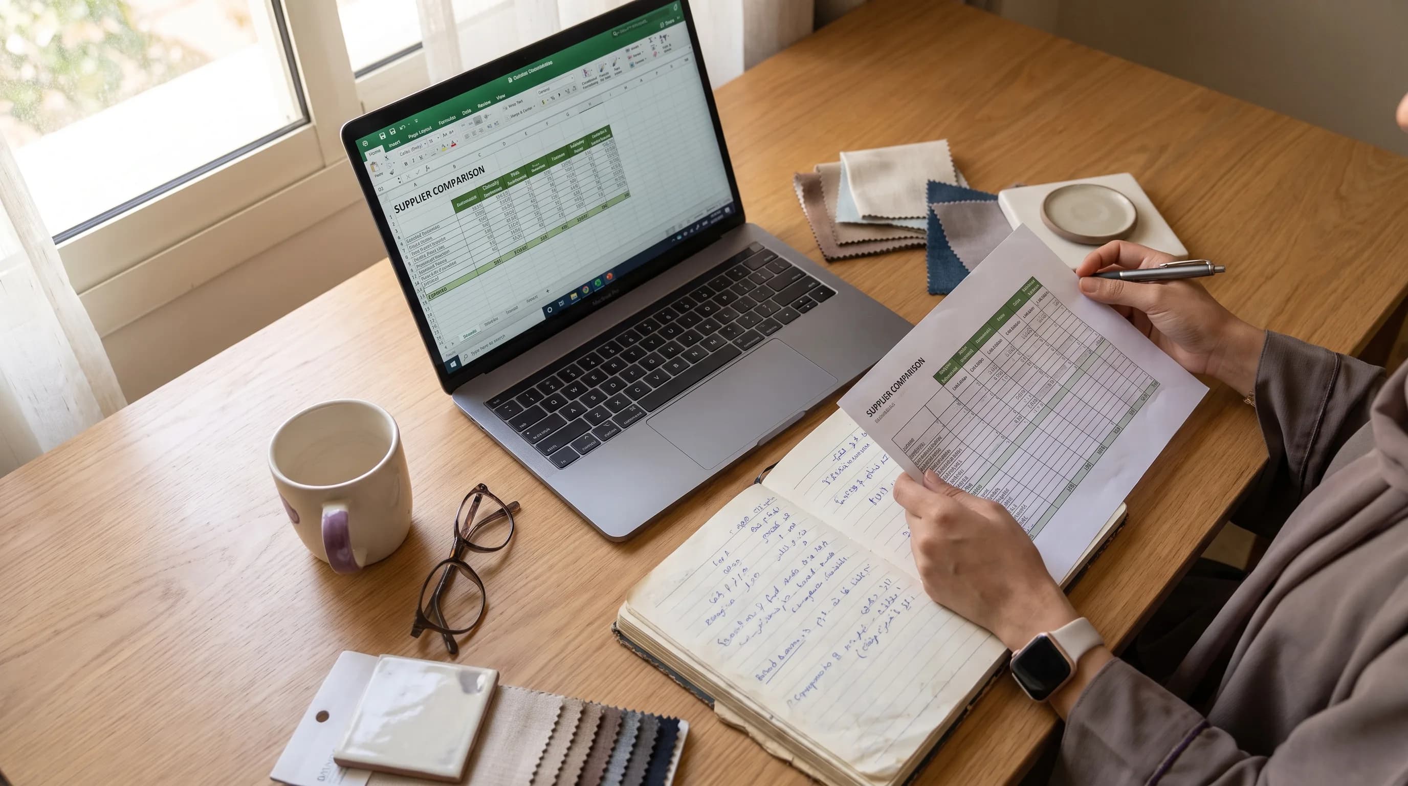 Overhead view of a desk with a laptop, notebook, product samples and a supplier comparison spreadsheet.