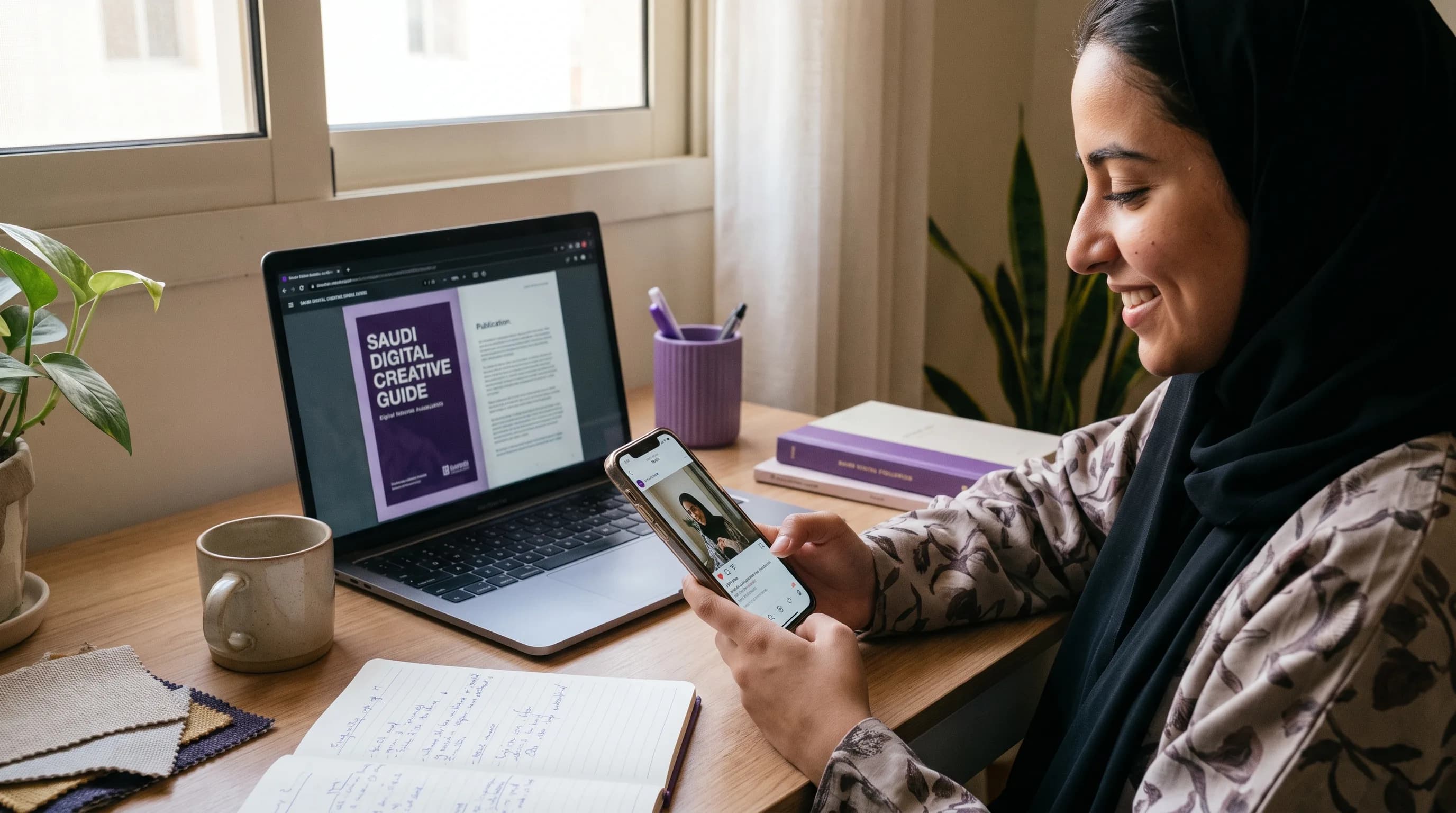 A creator working at home with a phone showing modest engagement and a laptop displaying a digital resource.