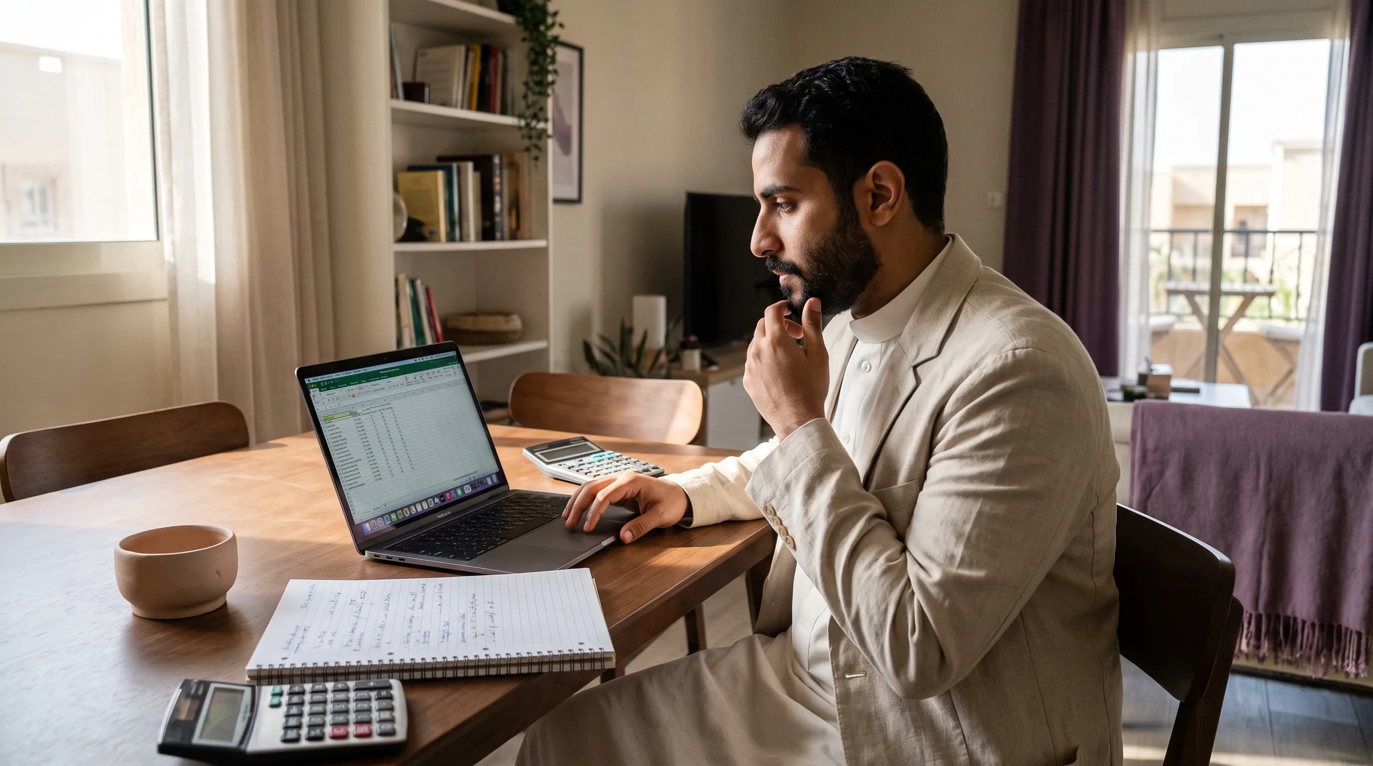 A young adult sits at a dining table with a laptop, notebook, calculator and a single product sample in soft morning light.