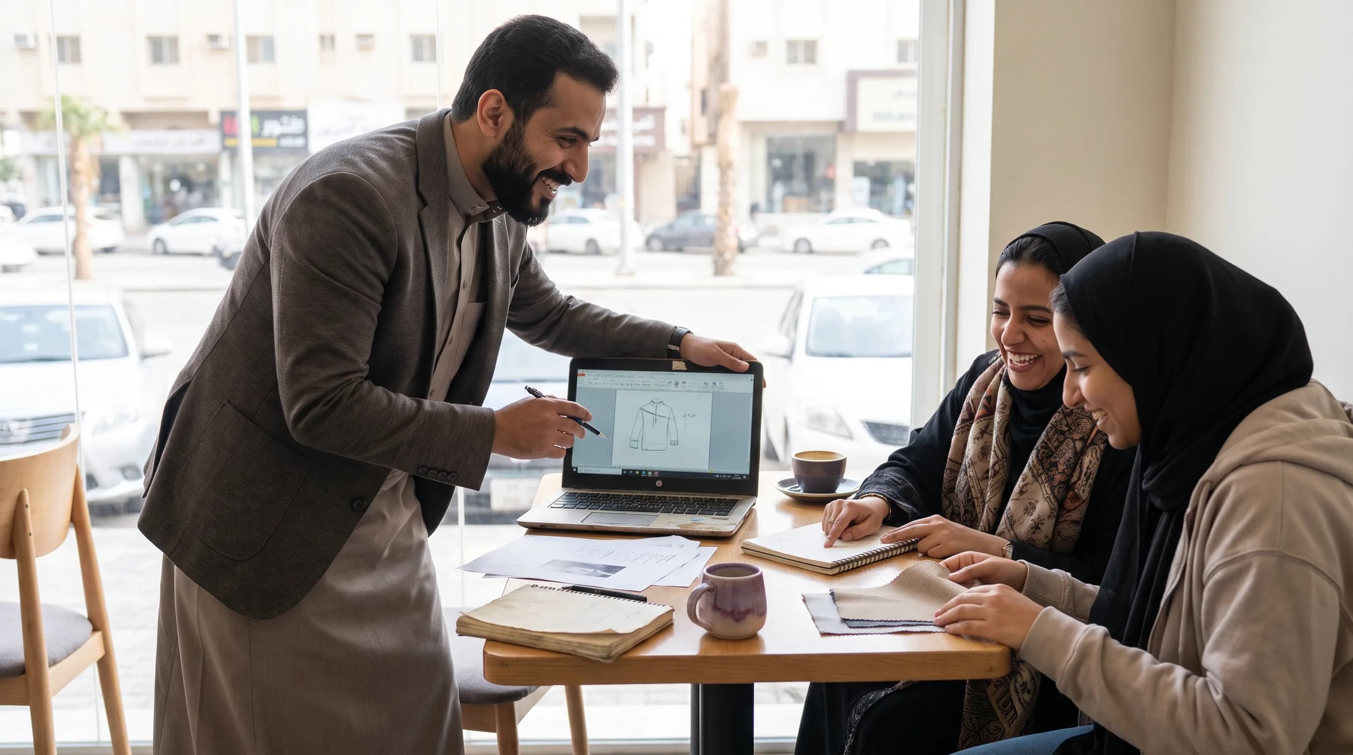 A founder shows a rough concept on a laptop to two people in a casual cafe setting.