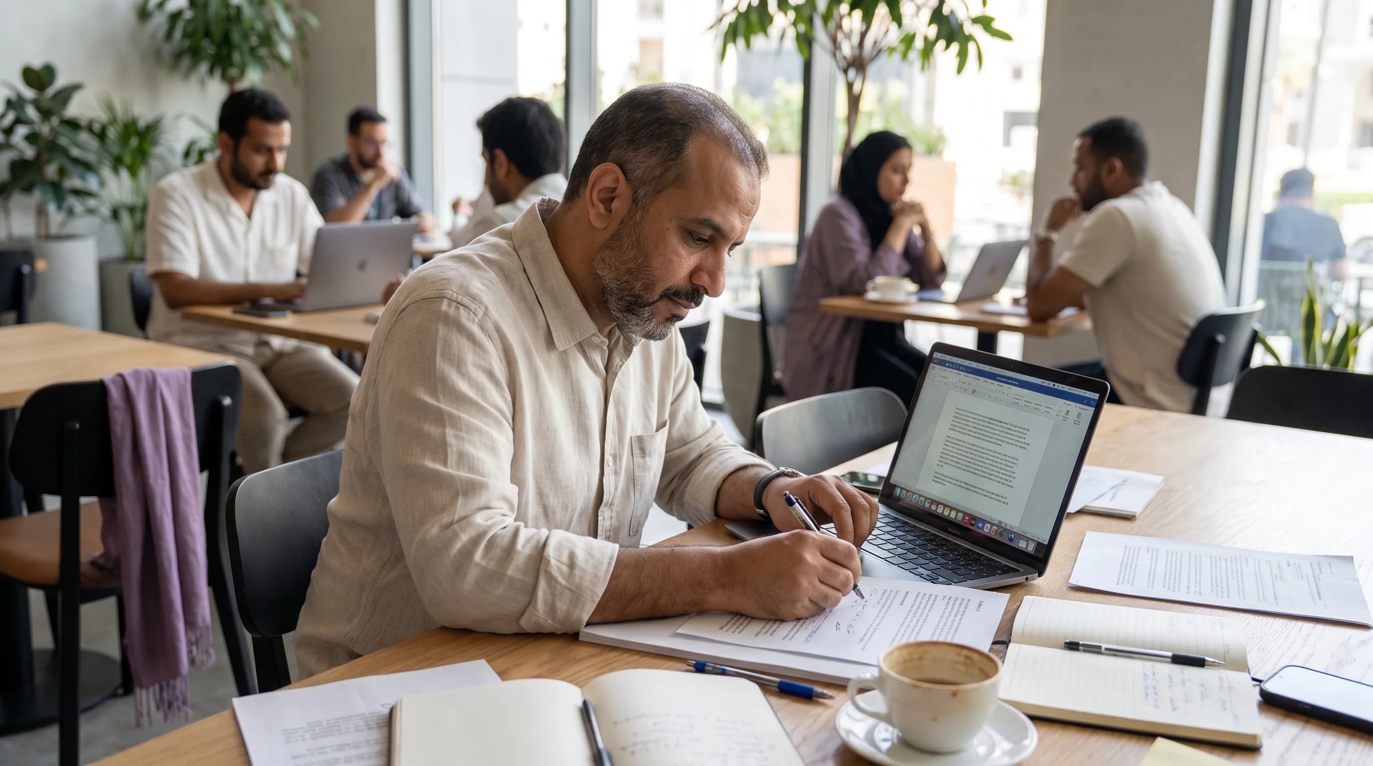A person reviews AI-generated text on a laptop, marking it up and editing it by hand.