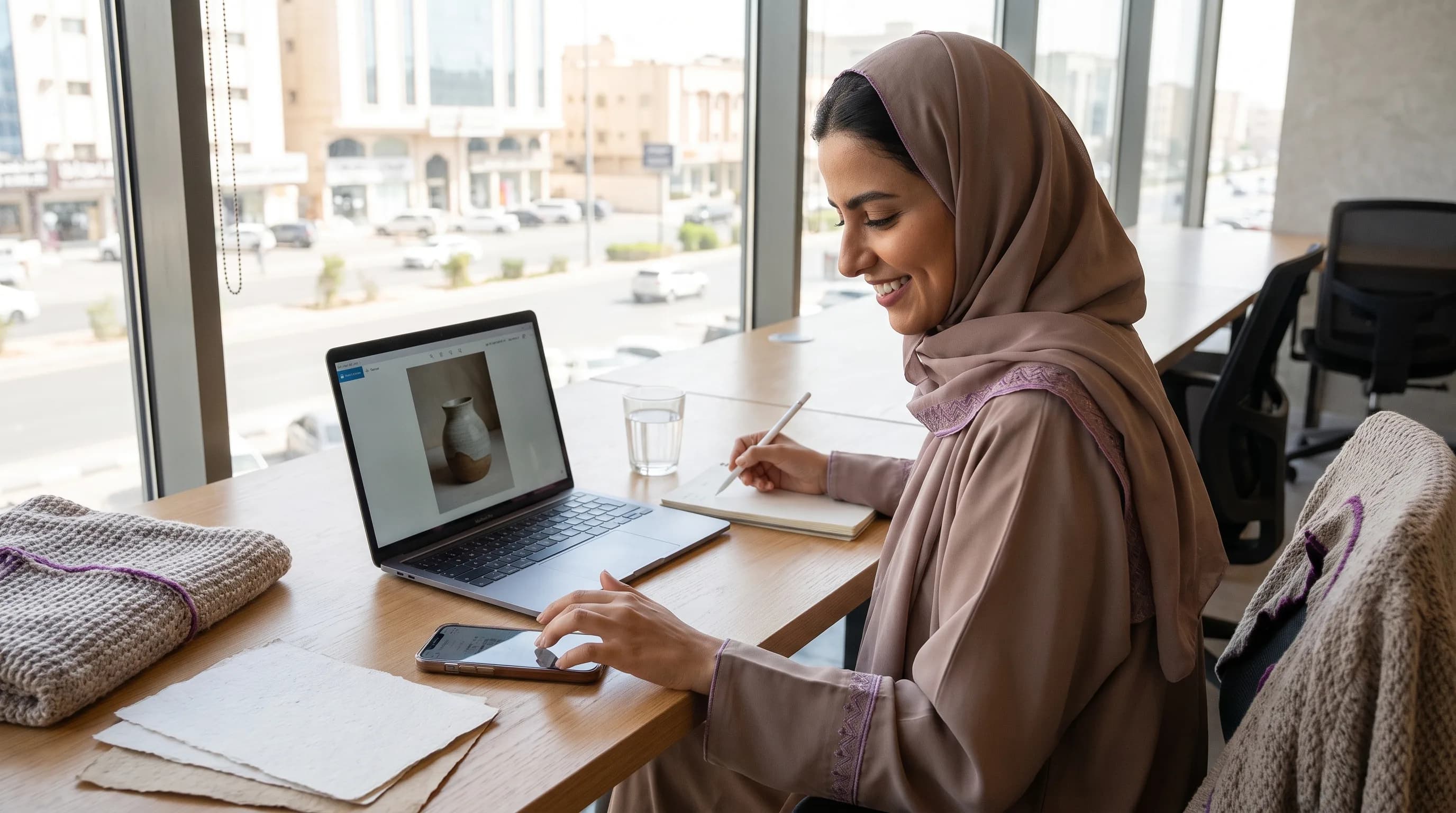 A person types a caption on a phone next to a product photo displayed on a laptop.